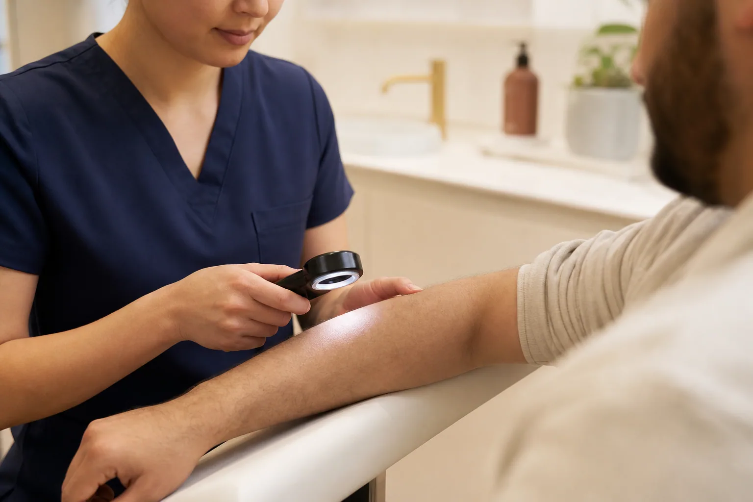 A pharmacist clinician carrying out a careful skin assessment