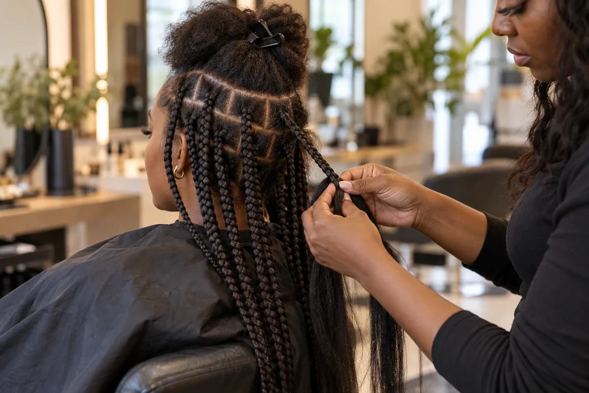 Generated illustration of a stylist carefully sectioning and braiding hair