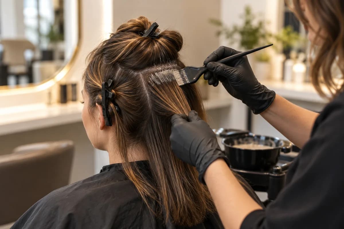 A stylist carefully applying colour along a clean parting at the roots