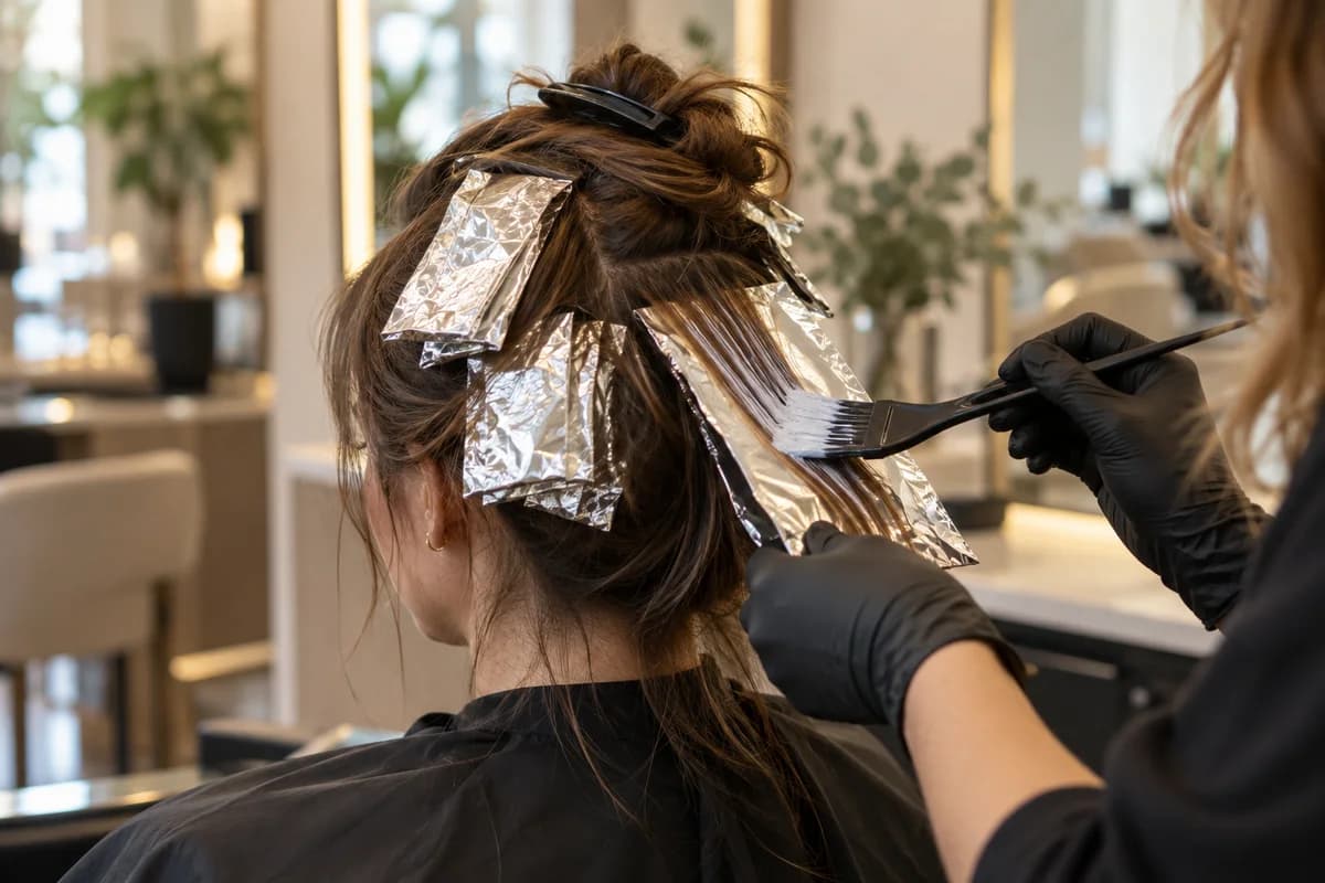 A stylist applying highlights to a fine hair section on an open foil