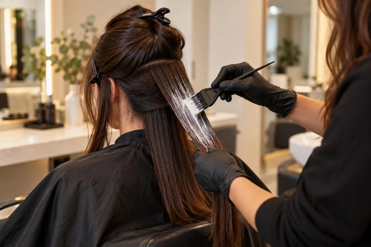 Generated illustration of a stylist applying a smoothing treatment to sectioned hair