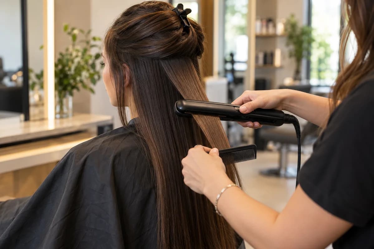 A stylist using a flat iron and comb to straighten a section of long hair