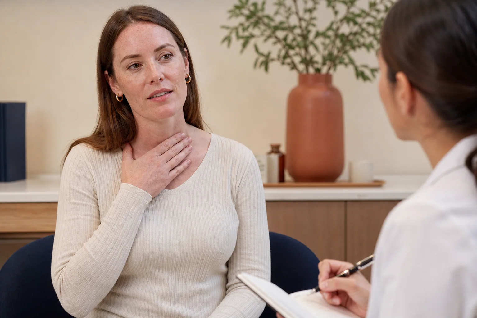A practitioner taking notes while a client describes her skin concern