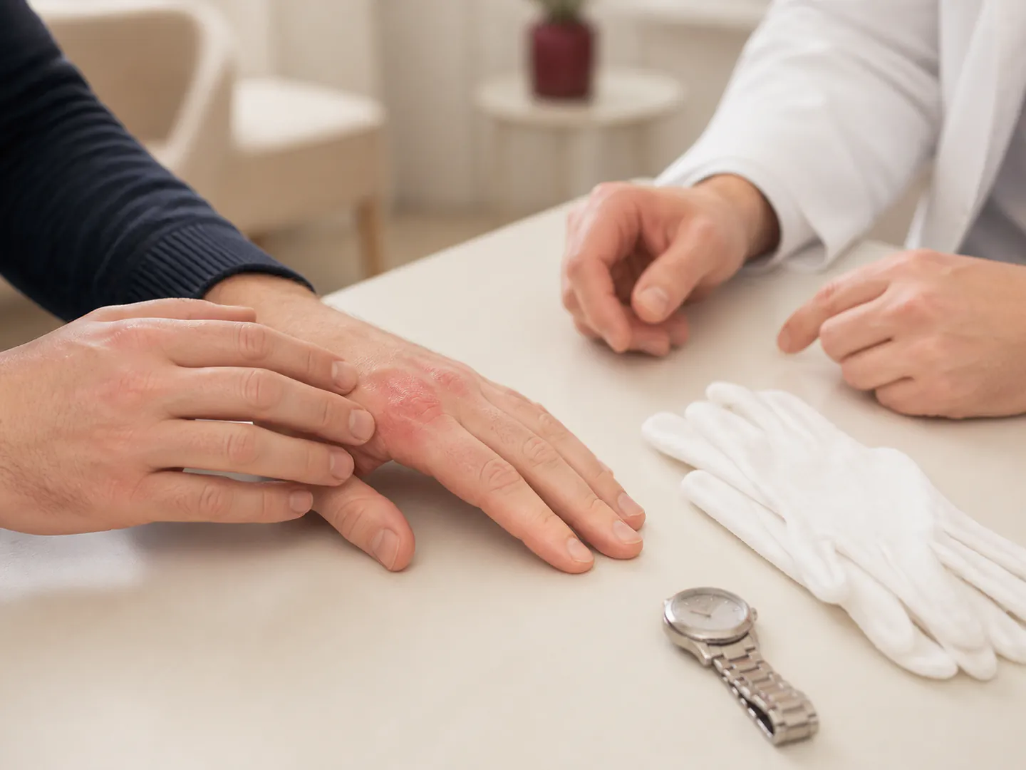 A consultation about a mild hand rash and possible contact triggers