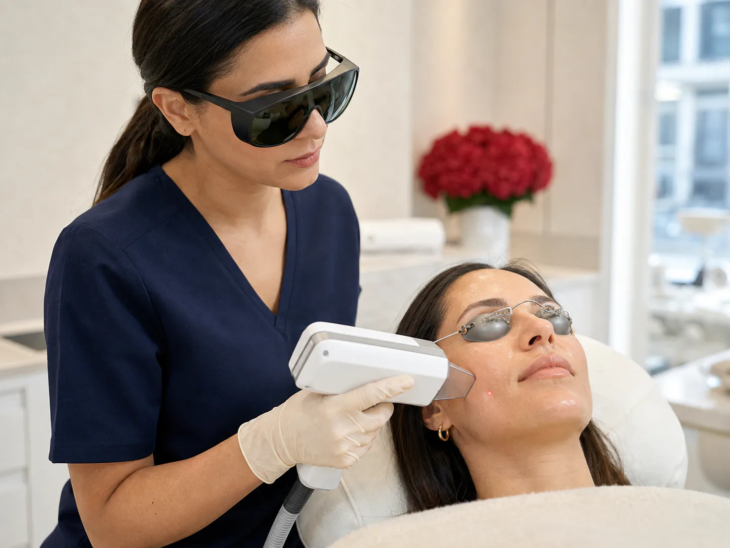 A clinician carrying out a facial laser treatment with protective eyewear in place