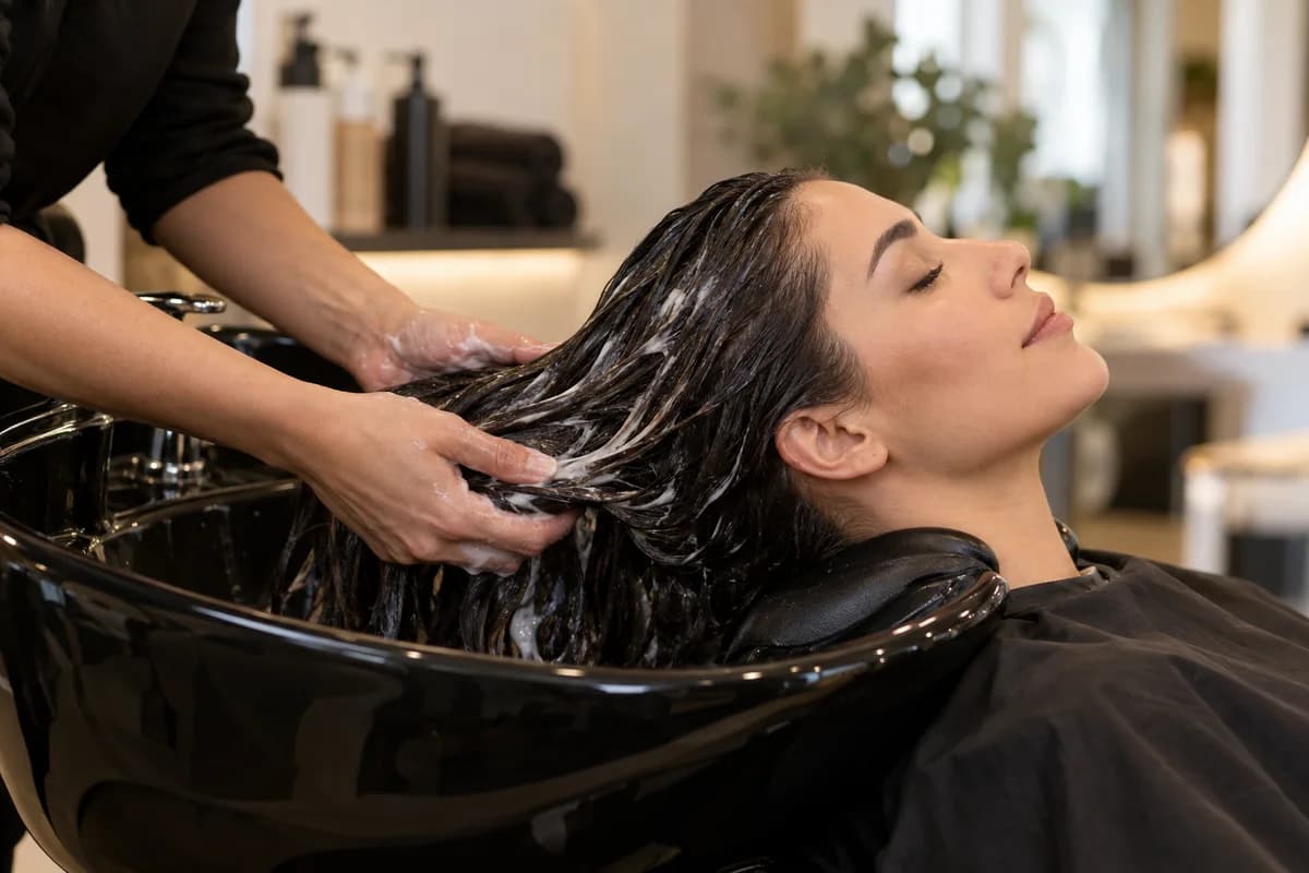 A stylist applying conditioner to wet hair at a salon wash basin