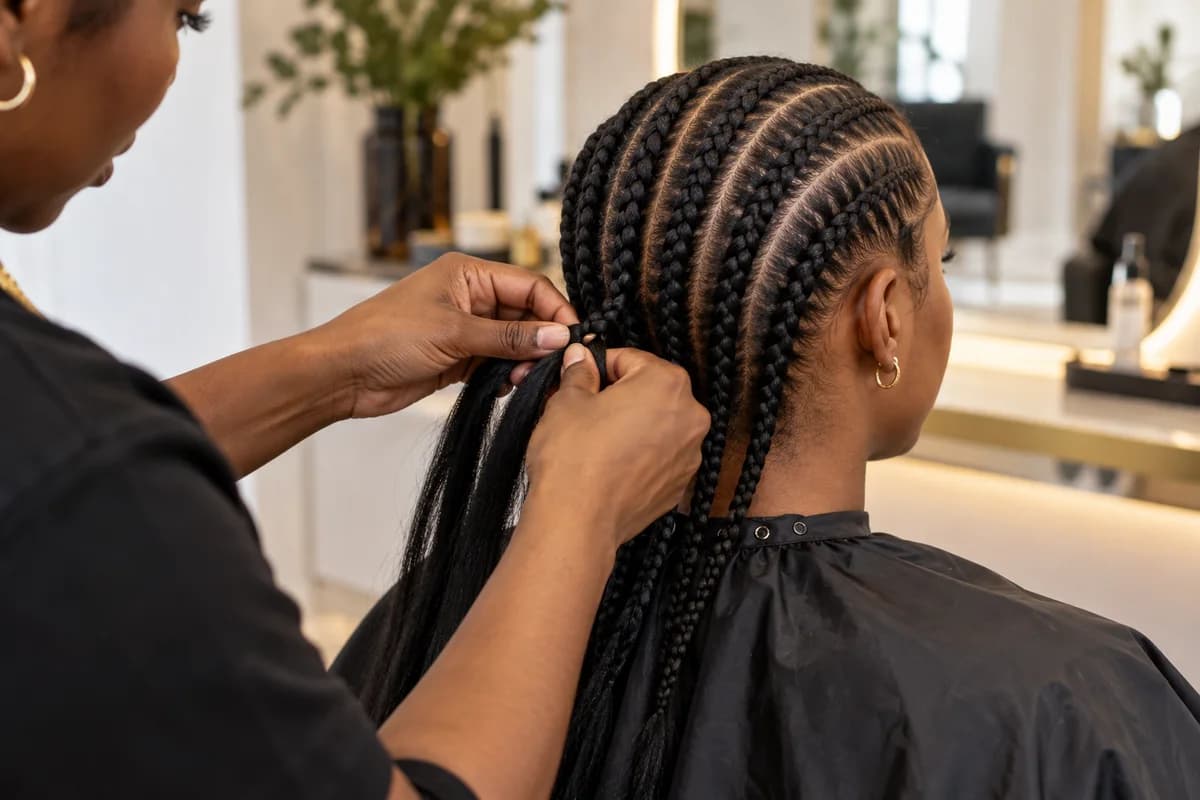 A stylist braiding straight-back cornrows with extensions in naturally textured hair